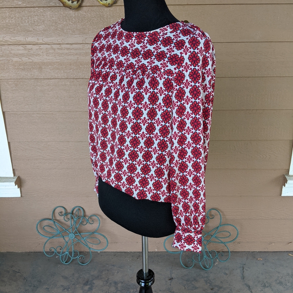 LOFT Red and White Floral Long-Sleeve Blouse